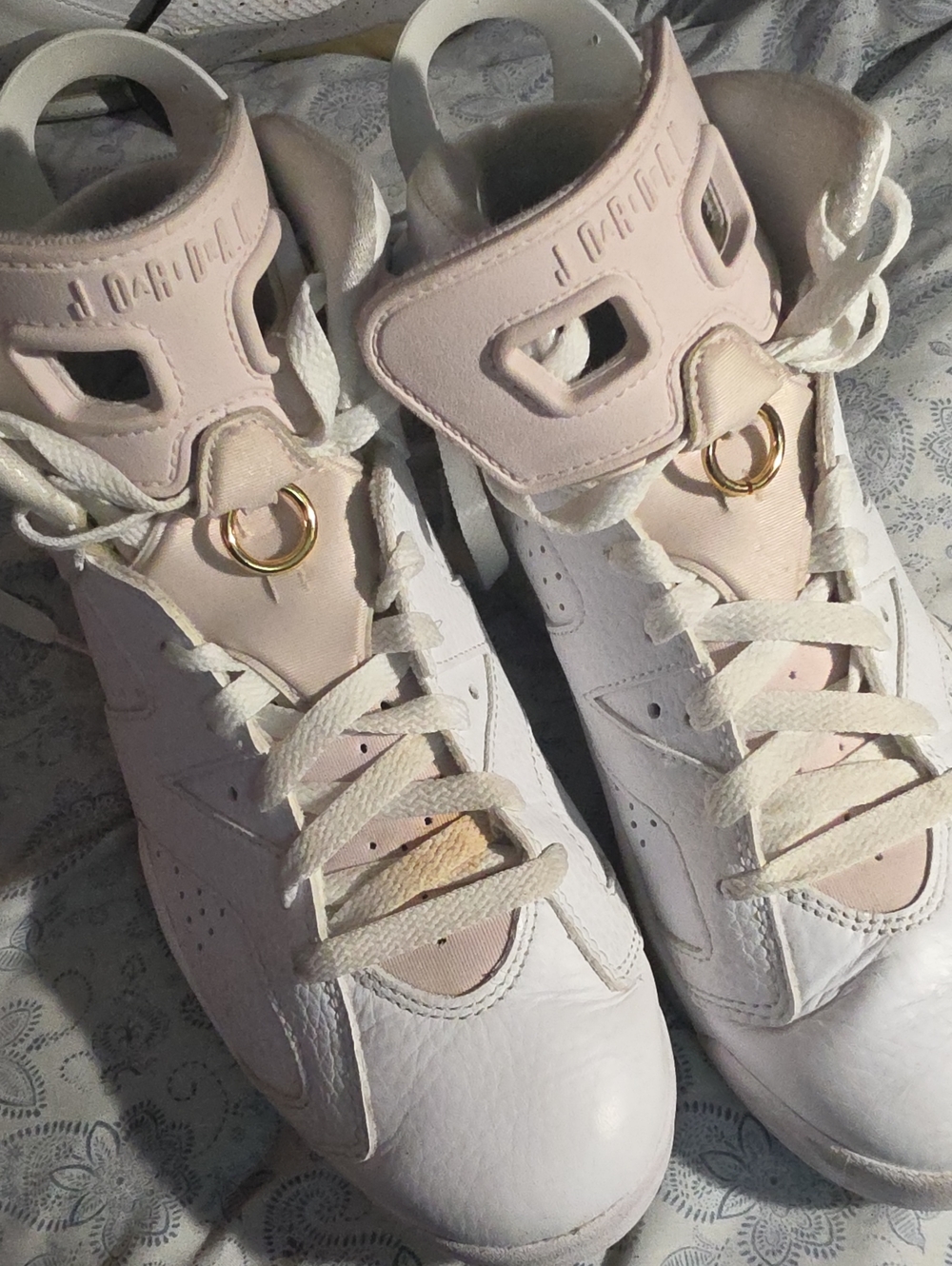 Jordan Women's High-Top Sneakers in Pale Pink and White with Gold Accent